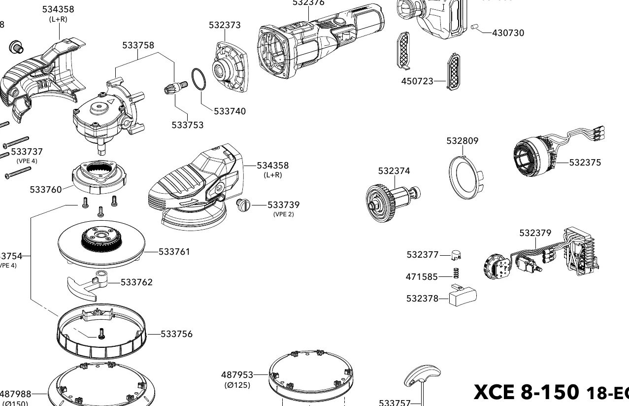 Schemat budowy (exploded view) szlifierki FLEX XCE 8-150 18-EC