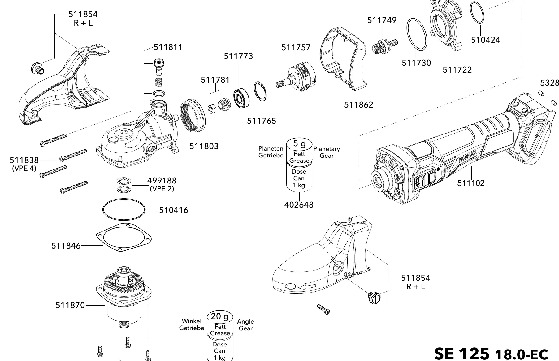 Schemat budowy (exploded view) urządzenia FLEX SE 125 18.0-EC