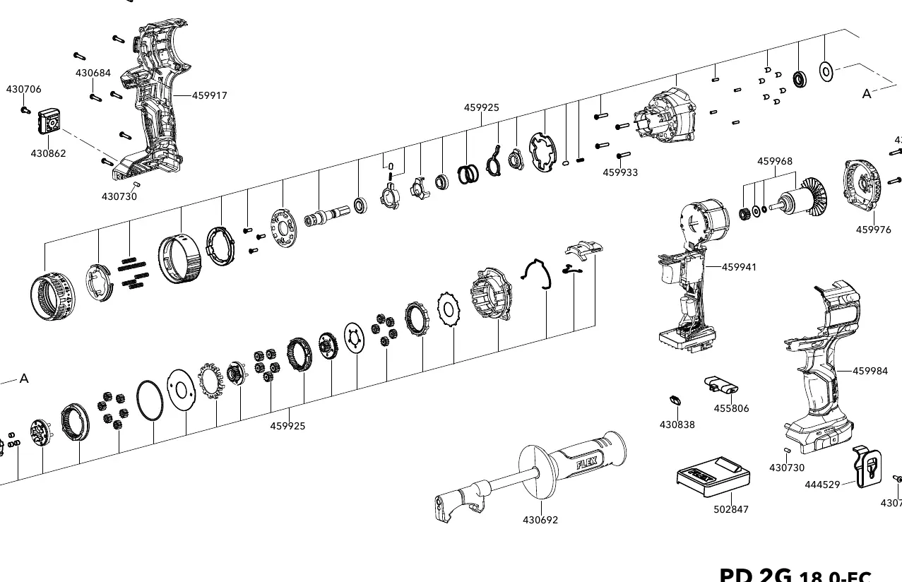 Schemat budowy (exploded view) wiertarko-wkrętarki FLEX PD 2G 18.0-EC