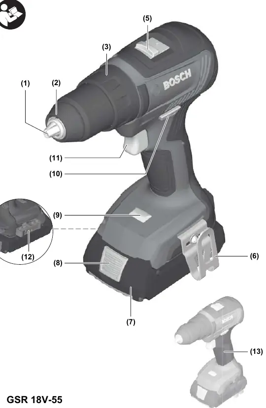 Schemat budowy wiertarko-wkrętarki GSR 18V-55