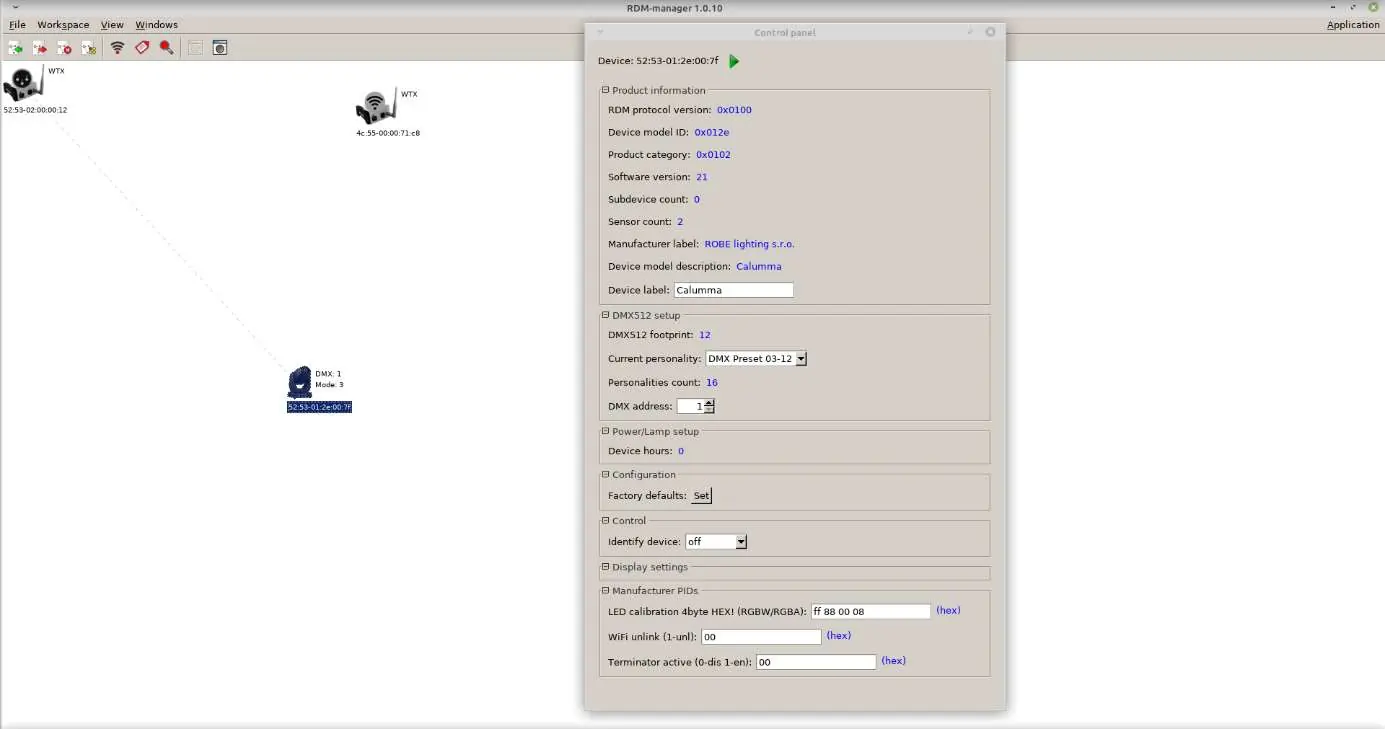 Interfejs RDM Manager z widocznym polem LED calibration 4 bytes HEX!