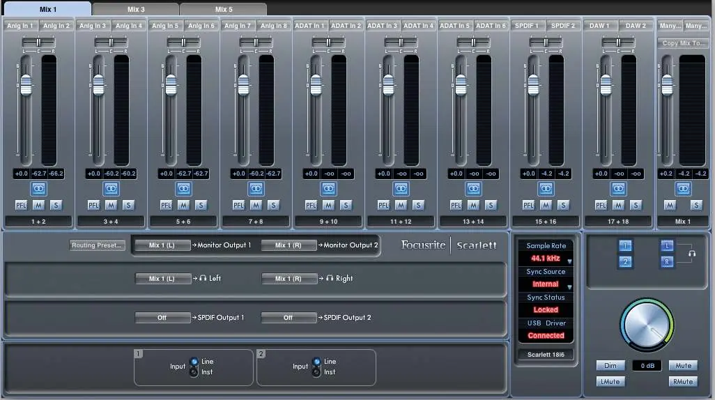 Interfejs graficzny Scarlett MixControl