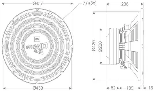 Wymiary montażowe subwoofera JBL 18SWV3.8 (w mm)