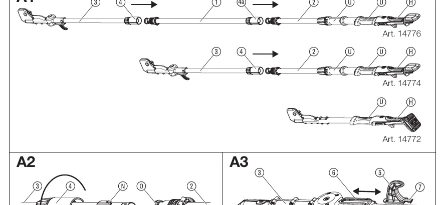 Montaż sekatora (A1) i haka do gałęzi (A3)