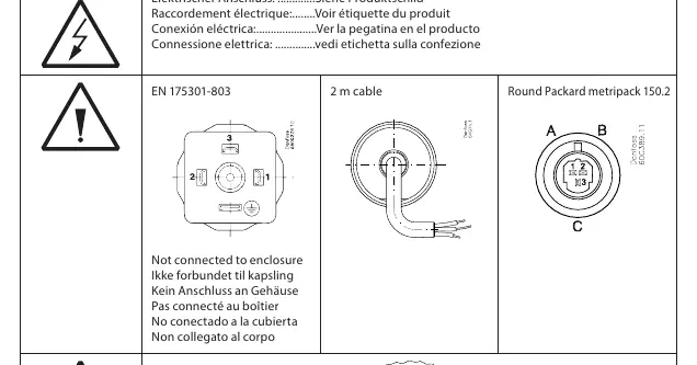 Schematy złączy elektrycznych: EN 175301-803, kabel 2m oraz Round Packard Metripack 150.2.