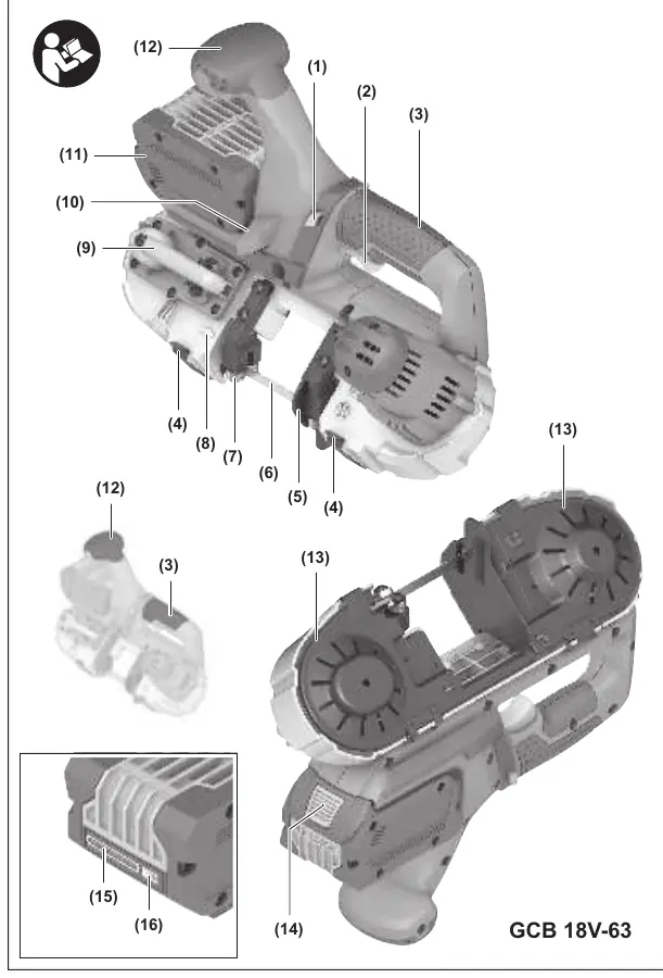 Schemat budowy piły taśmowej Bosch GCB 18V-63