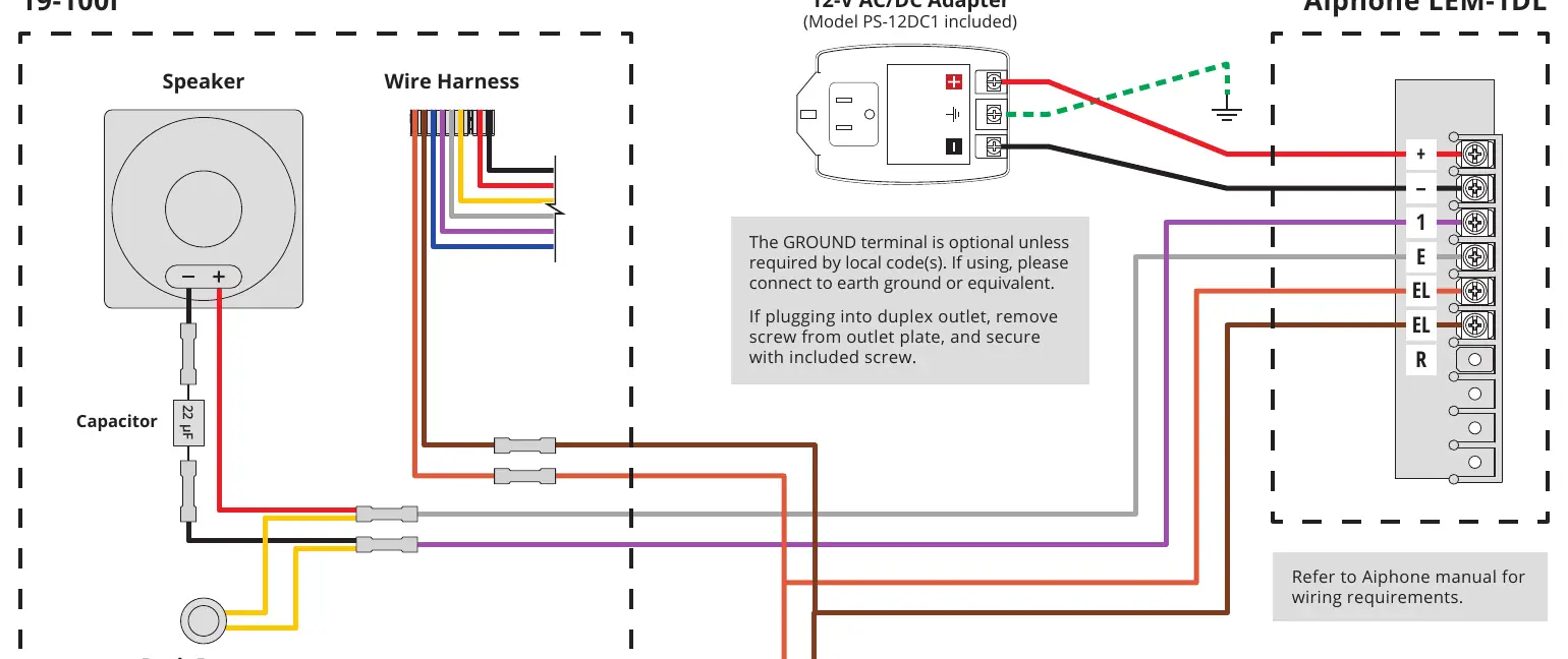 Schemat połączeń systemu Advantage DKLP (19-100i) z Aiphone LEM-1DL