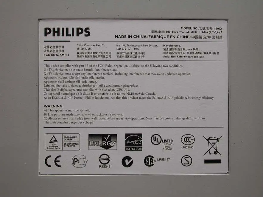 Tabliczka znamionowa monitora Philips 190X6