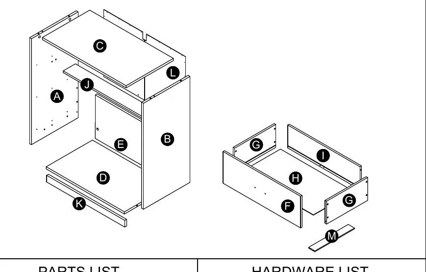 Rysunek złożeniowy (Exploded View) przedstawiający wszystkie elementy komody.