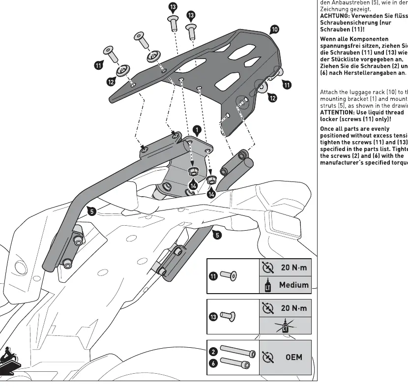 Schemat montażu bagażnika STREET-RACK na motocyklu
