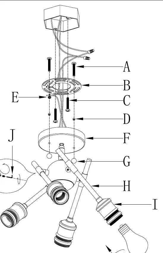 Schemat montażu lampy (elementy A-J)