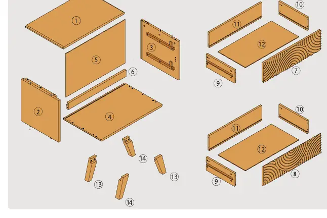 Schemat rozstrzelony (exploded view) szafki nocnej