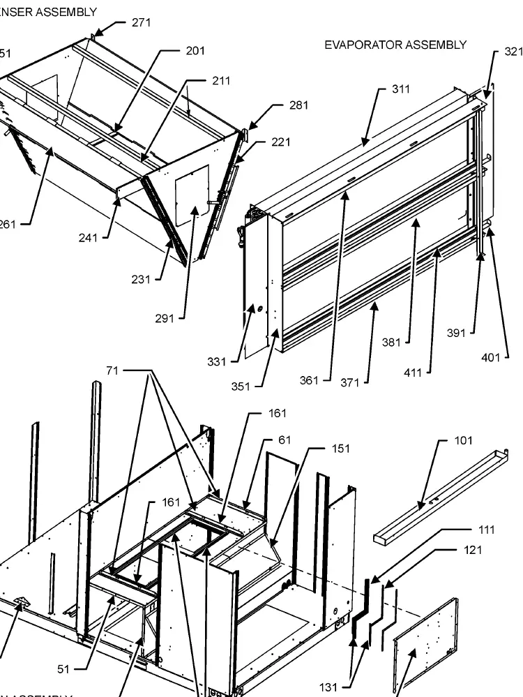 Schemat montażowy wymienników i przegród (Evaporator, Condenser and Partition Assembly)