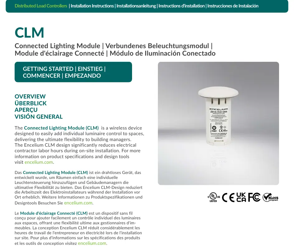 Widok modułu sterowania oświetleniem Encelium CLM (Connected Lighting Module) z widoczną etykietą znamionową.