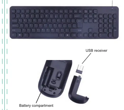 Przegląd elementów zestawu: klawiatura, mysz i odbiornik USB