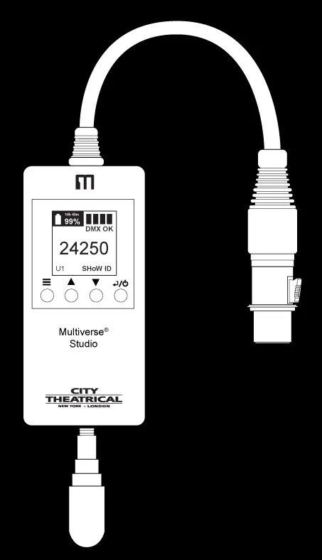 Schemat urządzenia Multiverse Studio Receiver z opisem przycisków i wyświetlacza.