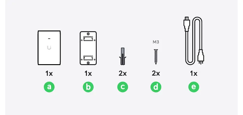 Elementy zestawu: adapter, uchwyt, kołki, śruby i kabel zasilający.