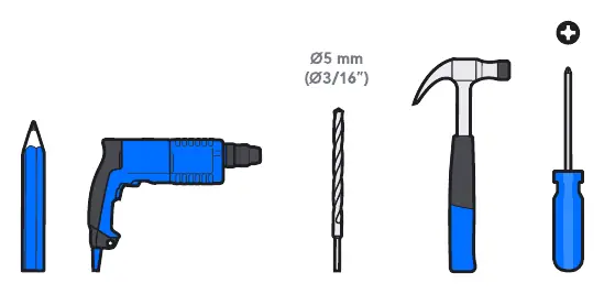 Wymagane narzędzia: ołówek, wiertarka, wiertło 5mm, młotek, śrubokręt.