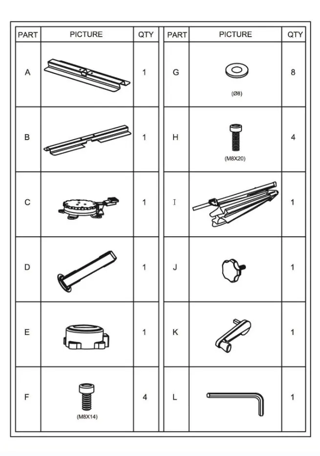 Lista części parasola (A-L)