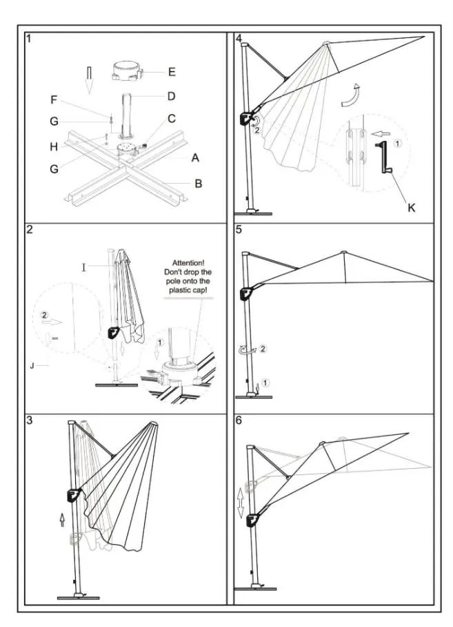 Schemat montażu parasola (kroki 1-6)