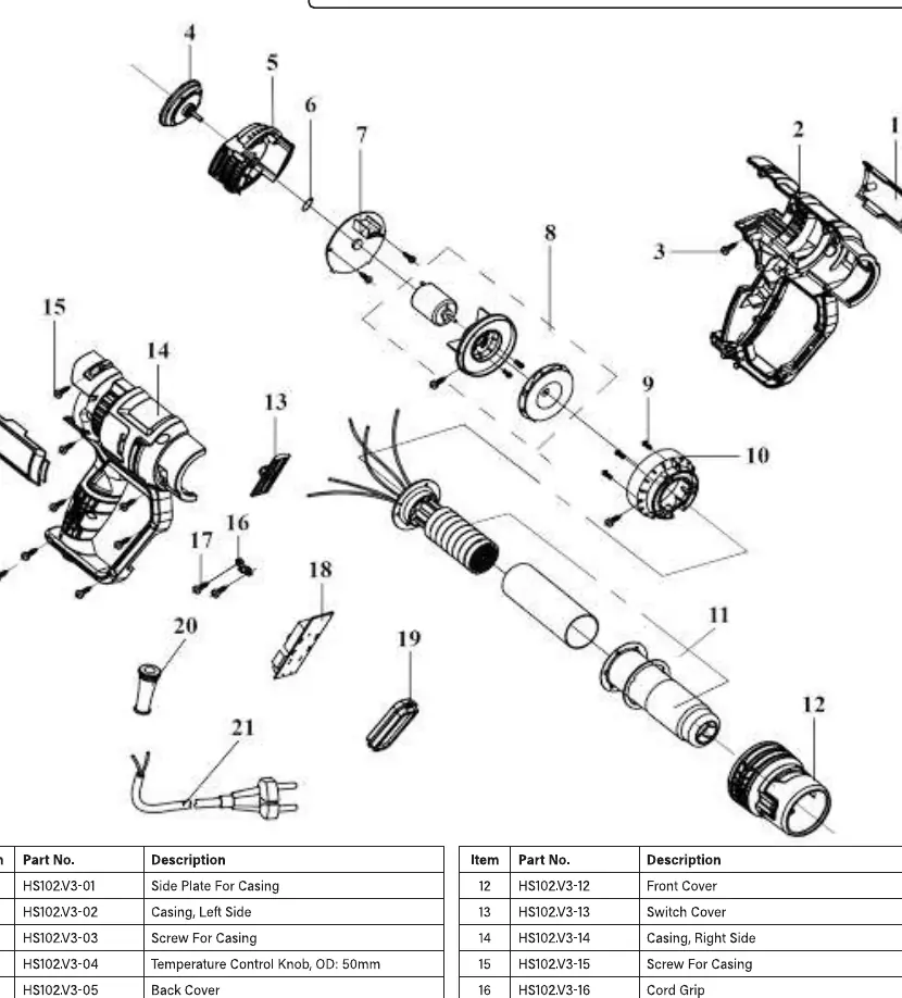 Schemat budowy (widok rozstrzelony) opalarki Sealey HS102.V3