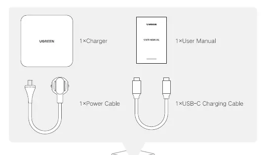 Zawartość zestawu: ładowarka, kabel zasilający, kabel USB-C i instrukcja.