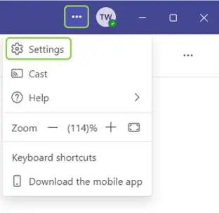 Menu ustawień w Microsoft Teams