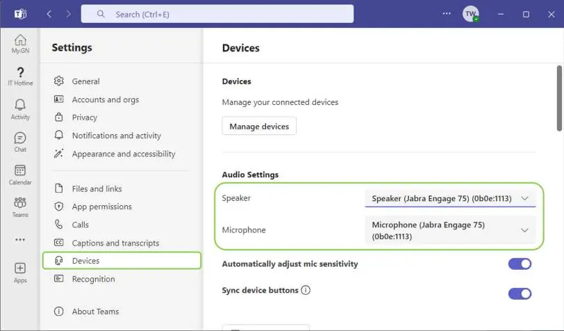 Ekran ustawień urządzeń audio w Microsoft Teams