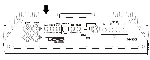 Panel sterowania wzmacniacza: Gain, Subsonic, Bass Boost, LPF, Phase