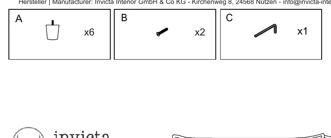 Wykaz części: nóżki (A), śruby (B), klucz imbusowy (C)
