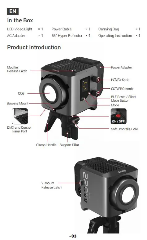 Schemat budowy lampy SmallRig RC 220B Pro