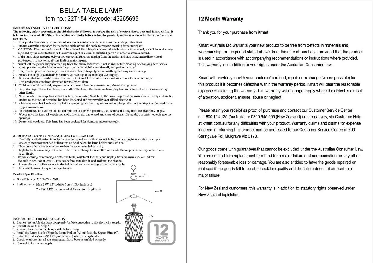 Schemat montażu klosza lampy
