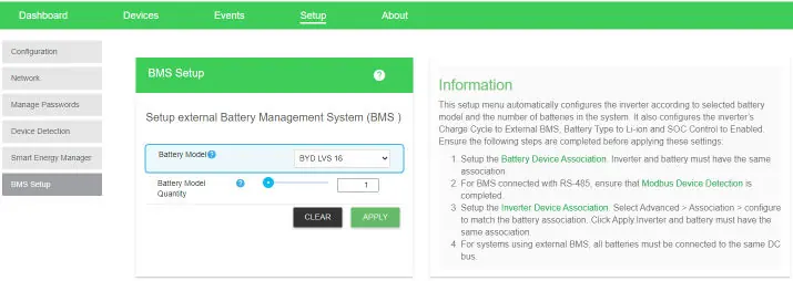 Menu BMS Setup w interfejsie Gateway.