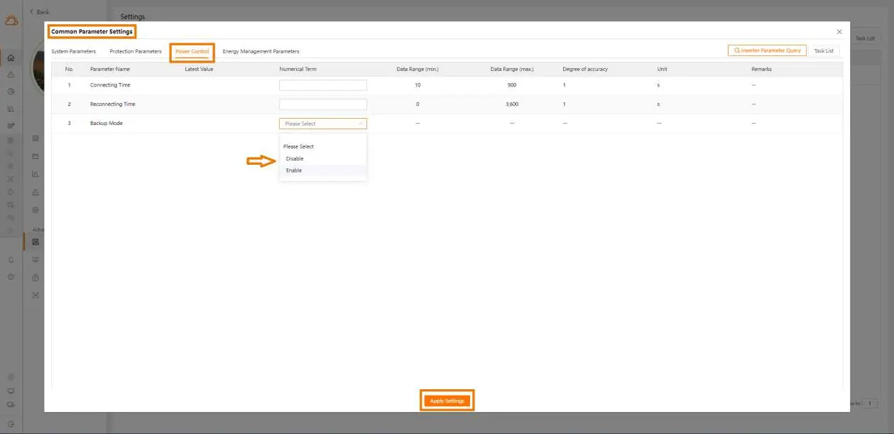 Interfejs webowy iSolarCloud - ustawienia trybu Backup