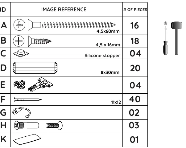 Lista sprzętu (Hardware List) z pełnowymiarowymi rysunkami elementów.
