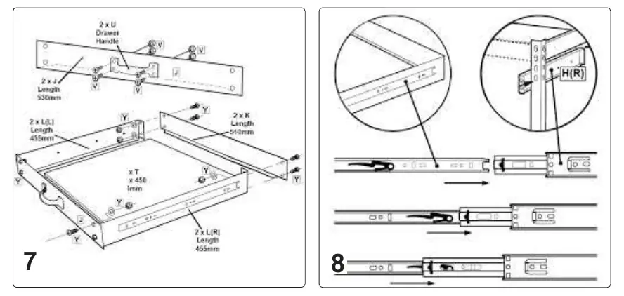 Składanie i montaż szuflad (diagramy 7 i 8)