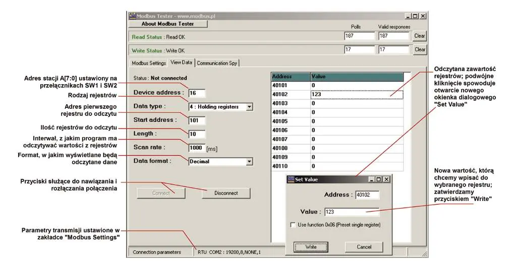 Widok programu Modbus Tester