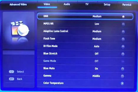 Menu ustawień wideo