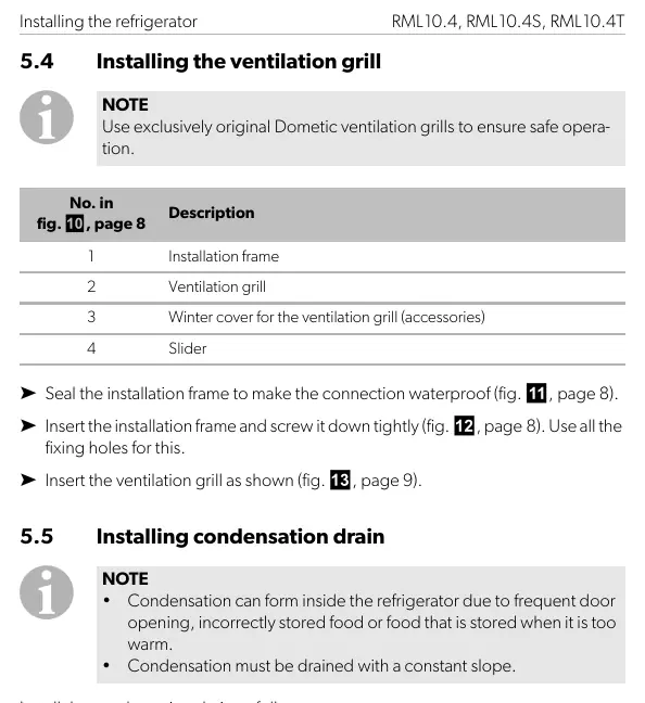 Lista elementów montażowych kratki wentylacyjnej oraz instrukcje dotyczące jej instalacji i odprowadzania kondensatu.