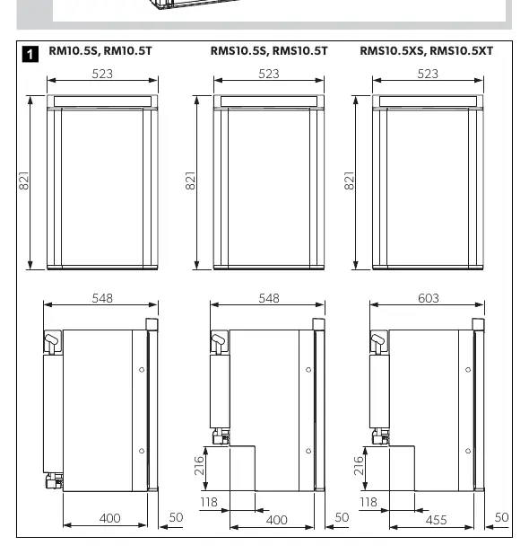 Wymiary montażowe dla modeli RM10.5 i RMS10.5