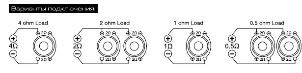 Schematy połączeń cewek dla różnych impedancji (4, 2, 1, 0.5 Ohm)
