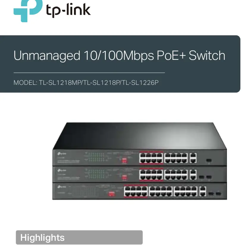 Widok trzech modeli switchy PoE+ serii TP-Link TL-SL12xx z widocznymi portami Ethernet i złączami uplink na przednim panelu.