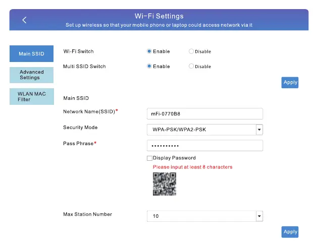 Panel ustawień Wi-Fi