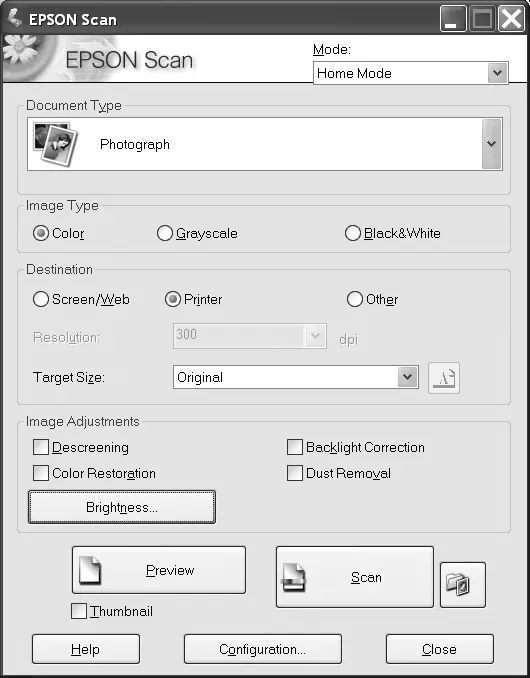 Główne okno oprogramowania EPSON Scan