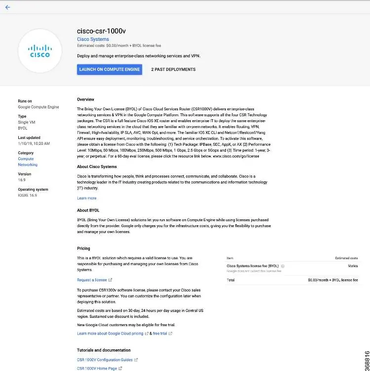 Ekran wyboru szablonu wdrożenia Cisco CSR 1000v w Google Marketplace.