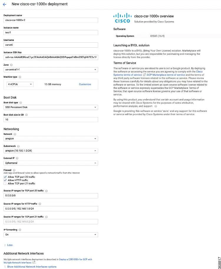 Formularz konfiguracji nowej instancji Cisco CSR 1000v.