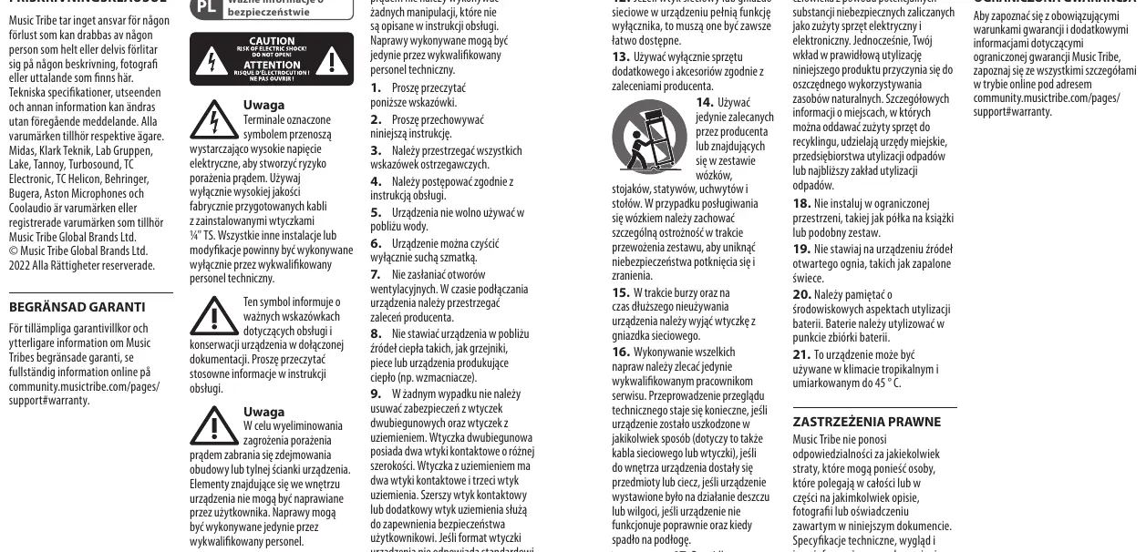 Zestaw piktogramów ostrzegawczych dotyczących bezpieczeństwa elektrycznego i zasad eksploatacji urządzenia.