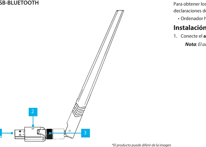 Schemat budowy adaptera z oznaczeniem portu USB, diody LED oraz złącza anteny.