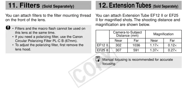 Instrukcje dotyczące montażu filtrów oraz użycia pierścieni pośrednich (Extension Tubes) w celu zwiększenia powiększenia.