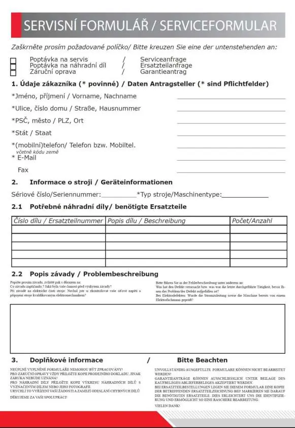 Wypełnij formularz serwisowy w przypadku awarii lub potrzeby zamówienia części zamiennych.